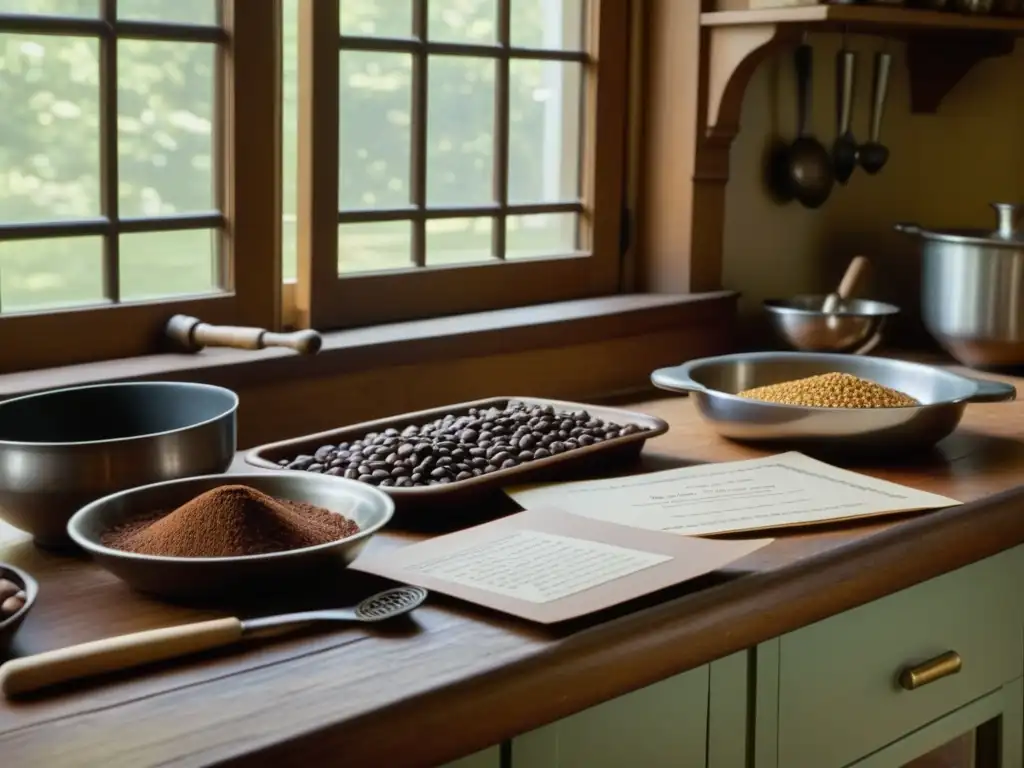 Escena detallada de una cocina americana del siglo XIX con ingredientes e herramientas para preparar platillos de chocolate