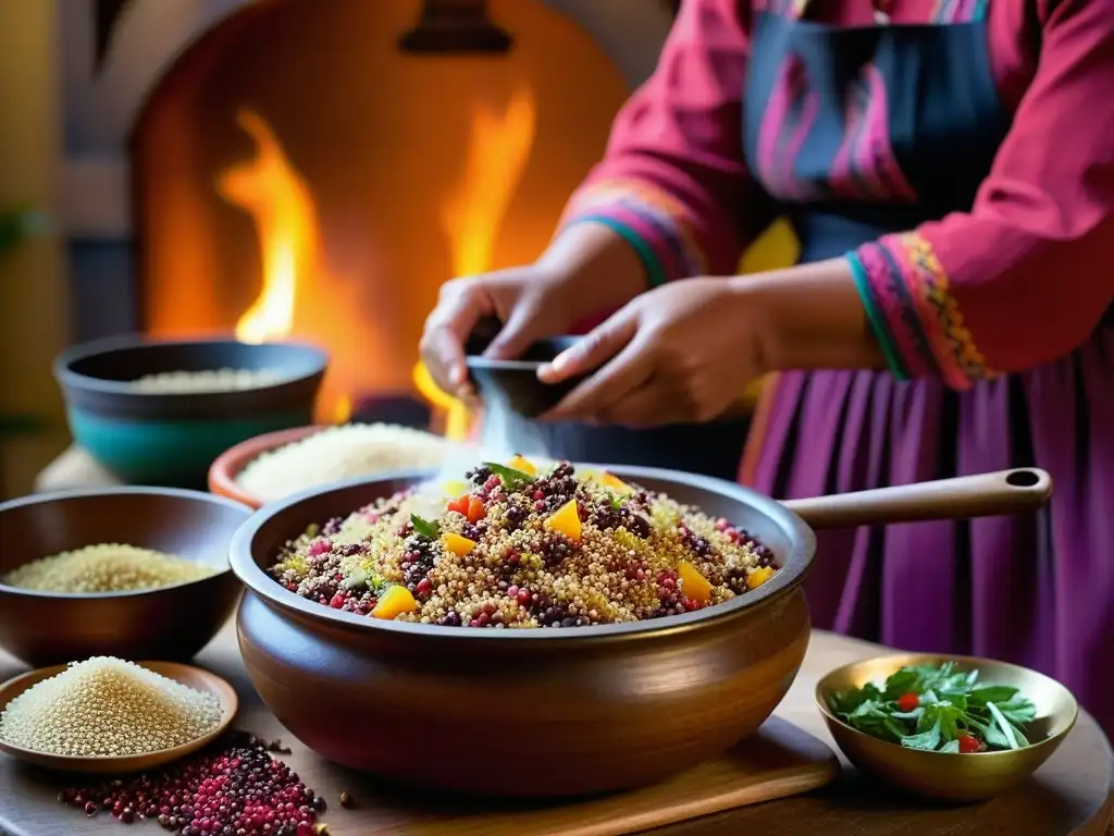 Una escena detallada de una cocina andina tradicional, con mujeres preparando recetas históricas de quinua en utensilios rústicos sobre fuego abierto