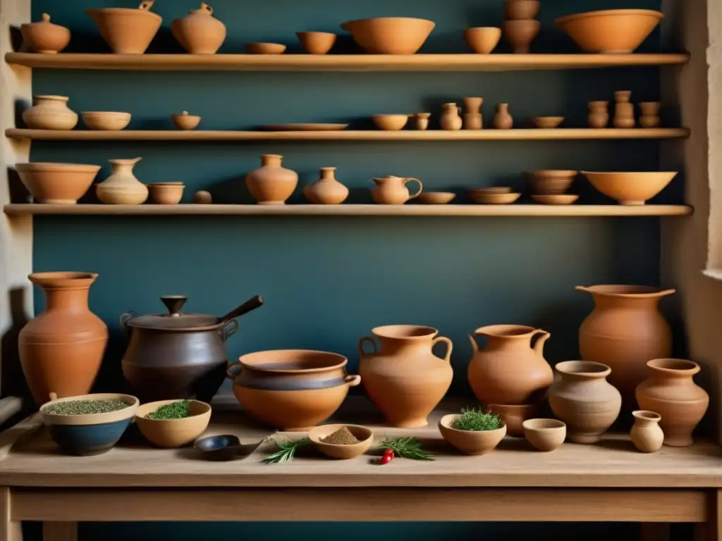 Una escena detallada de una cocina de la antigua Grecia, con utensilios tradicionales y un chef preparando un guiso aromático, iluminada por antorchas