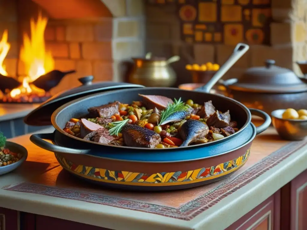 Una escena detallada de una cocina bizantina con carne en un puchero sobre llama, rodeada de especias y hierbas vibrantes