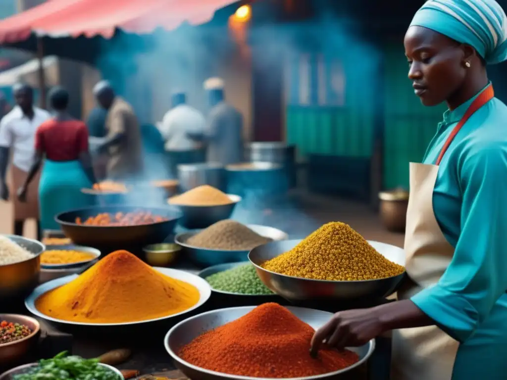 Una escena detallada de cocina callejera africana, mostrando platos tradicionales y colores vibrantes