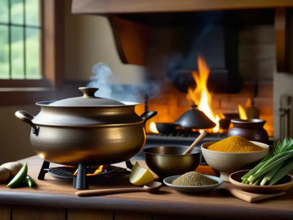 Escena detallada de una cocina colonial con influencia gastronómica en colonias americanas