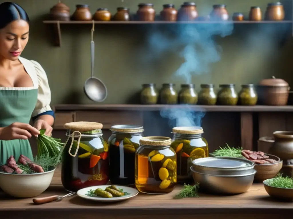 Escena detallada de cocina colonial, destacando técnicas de conservación de alimentos como encurtidos, ahumado y secado de hierbas