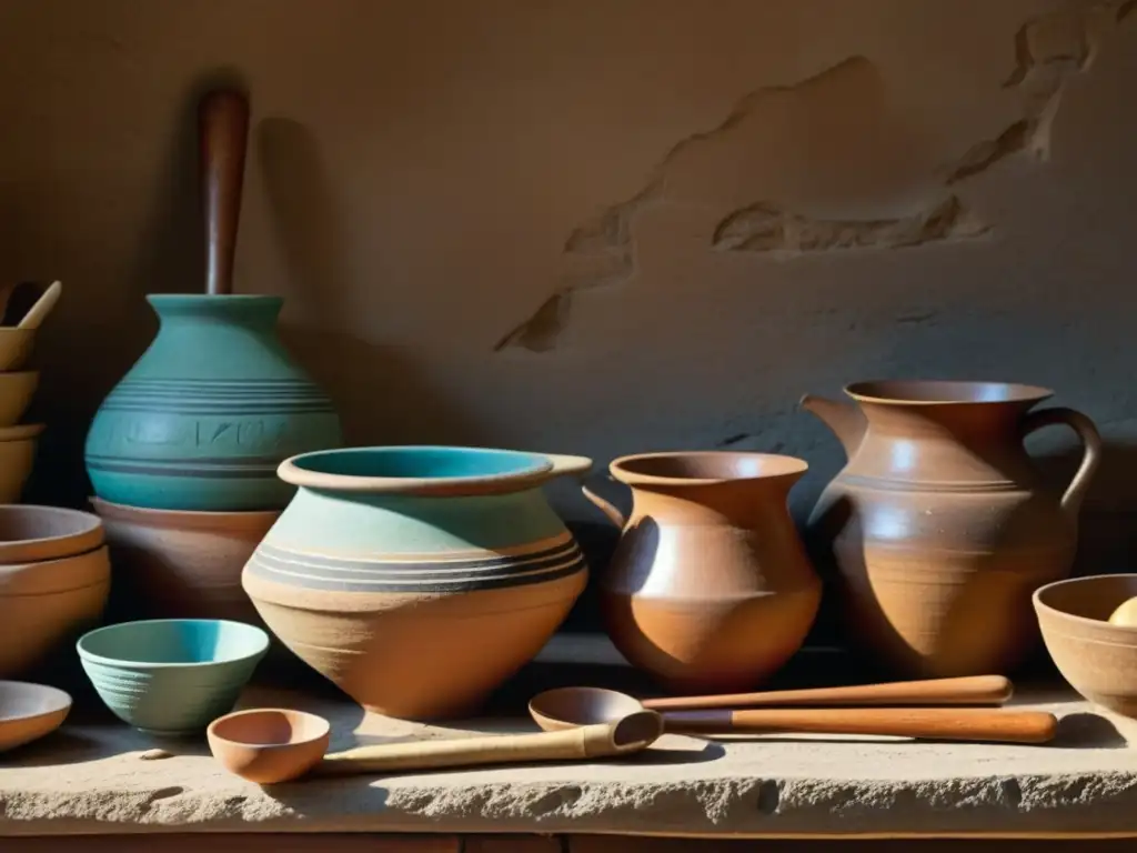 'Escena detallada de cocina egipcia antigua con utensilios tradicionales en mostrador de piedra