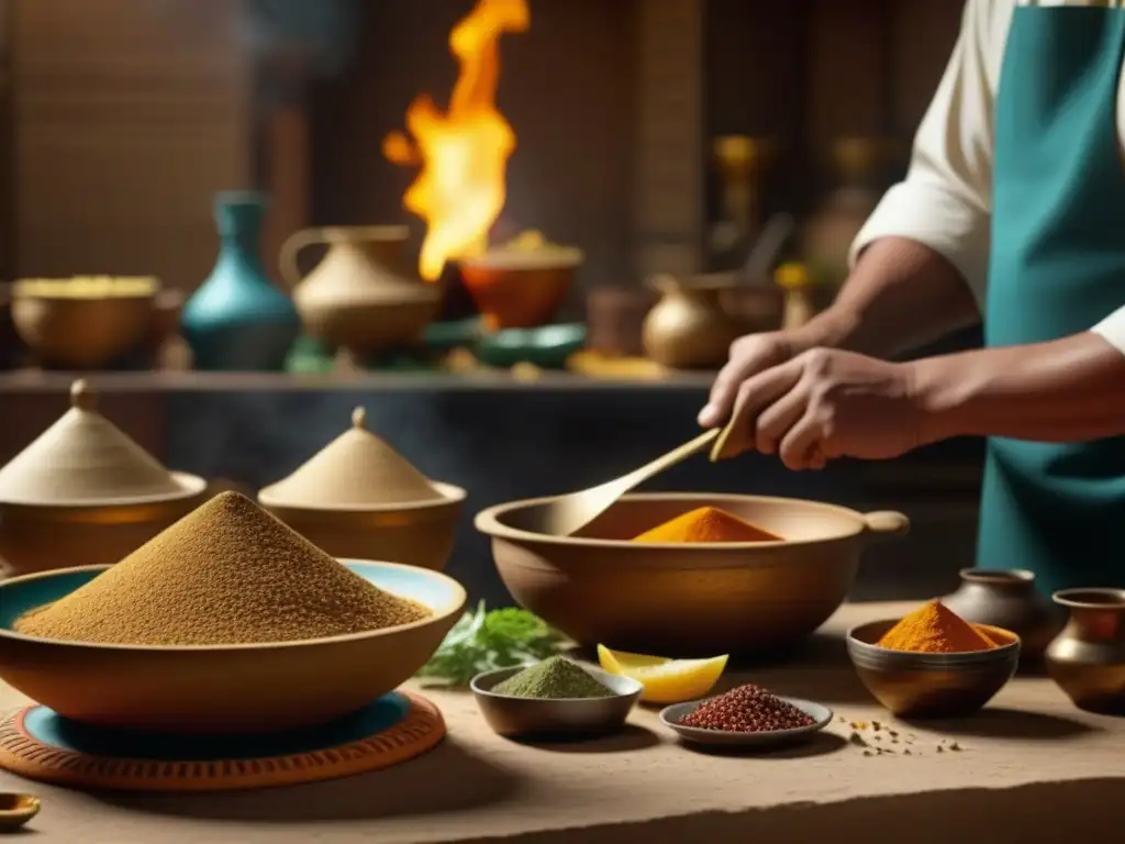 Escena detallada de cocina egipcia antigua con chefs preparando recetas emblemáticas