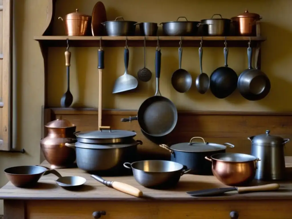 Una escena detallada de una cocina francesa del siglo XVII, con utensilios de cocina y herramientas típicas de la época