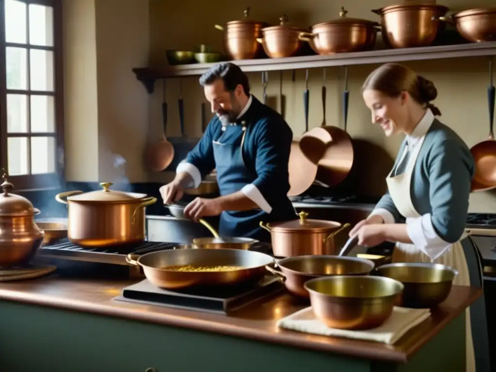 Una escena detallada de una cocina francesa del siglo XVII, donde chefs preparan platos elaborados con utensilios de época