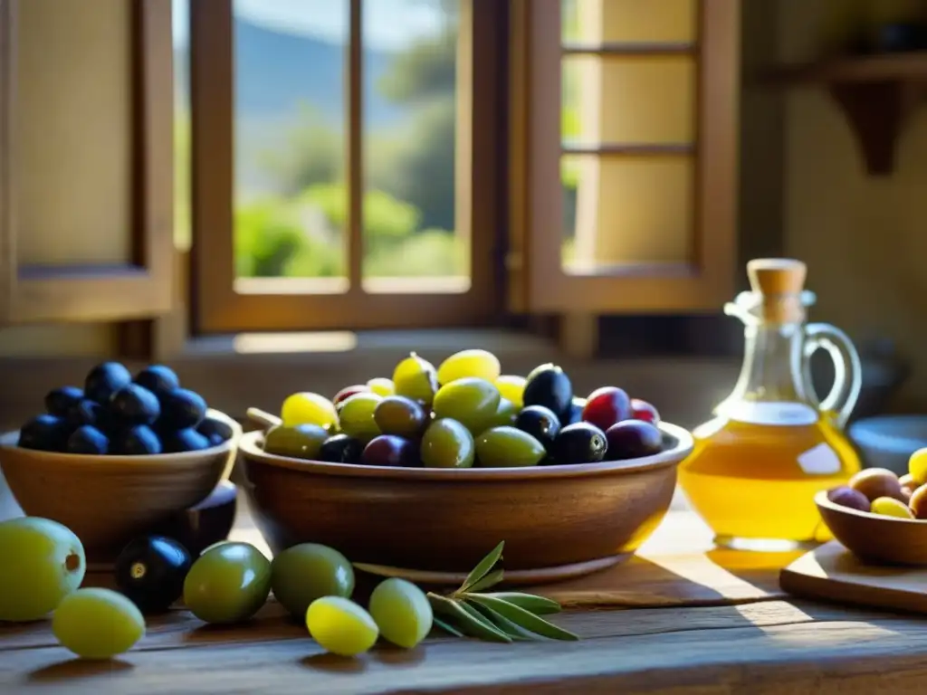 Una escena detallada de una cocina griega antigua con ingredientes como aceitunas, higos, miel, uvas y aceite de oliva en una mesa rústica de madera