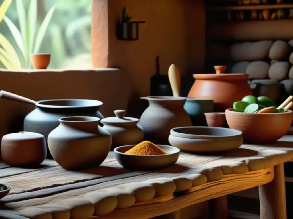 Escena detallada de una cocina Inca con arquitectura culinaria, diseño y alimentos tradicionales