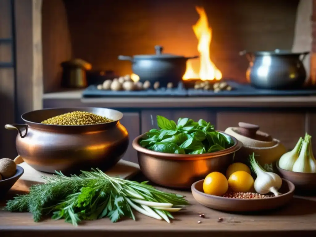 Una escena detallada de una cocina medieval con ingredientes variados y una olla de cobre sobre fuego