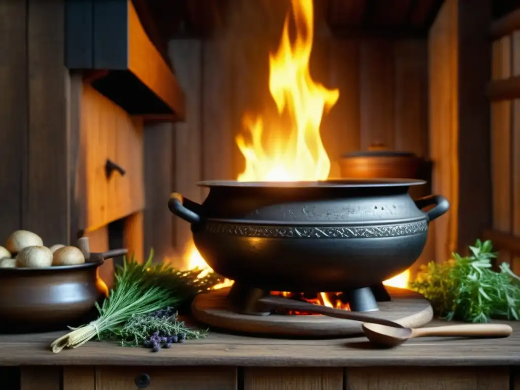 Escena detallada de cocina medieval con caldero burbujeante sobre fuego, destacando hierbas y especias