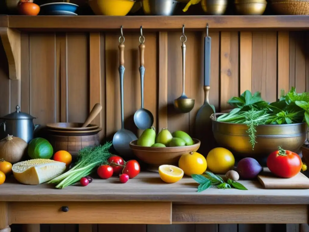 Una escena detallada de una cocina medieval con prácticas agrícolas históricas cocina, destacando productos frescos en una mesa rústica