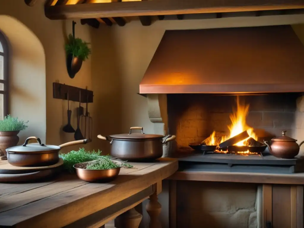 Escena detallada de una cocina medieval en un castillo europeo, con utensilios de cobre, fuego en la chimenea y ingredientes