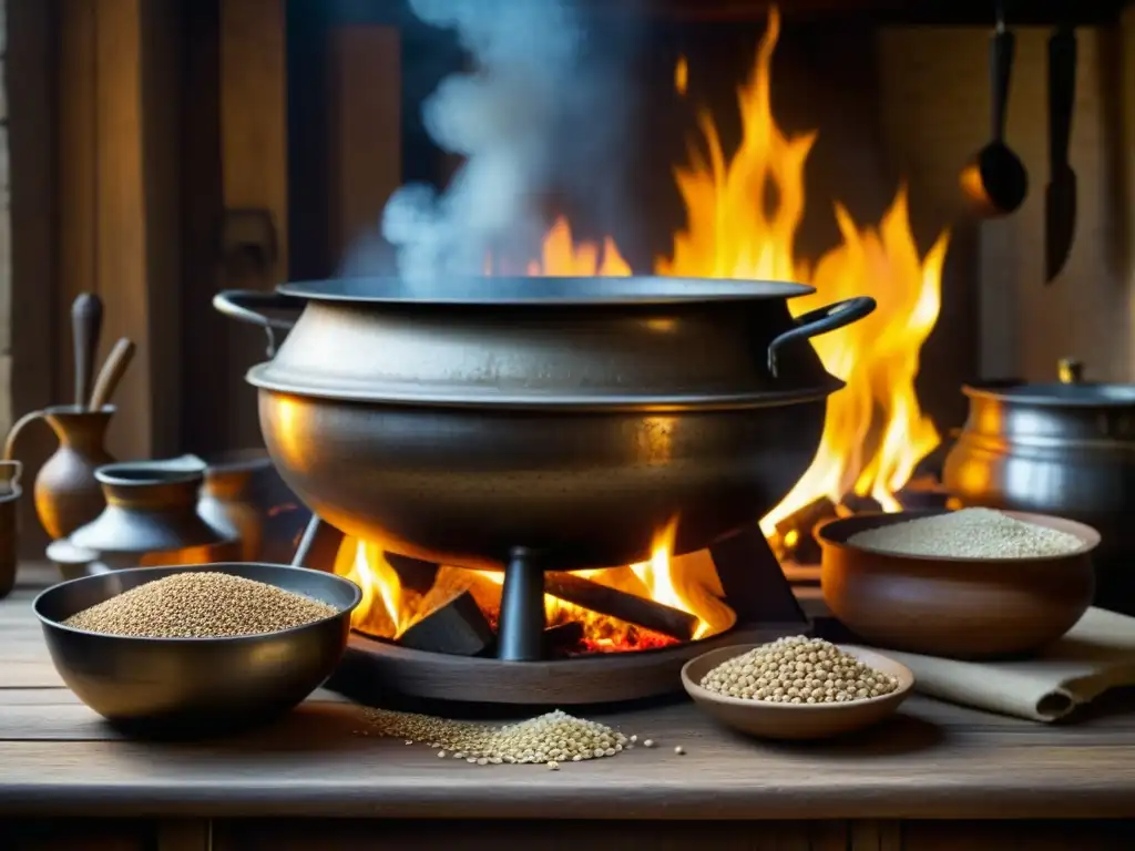 Escena detallada de una cocina medieval con un caldero sobre fuego abierto y granos esparcidos en mesa de madera