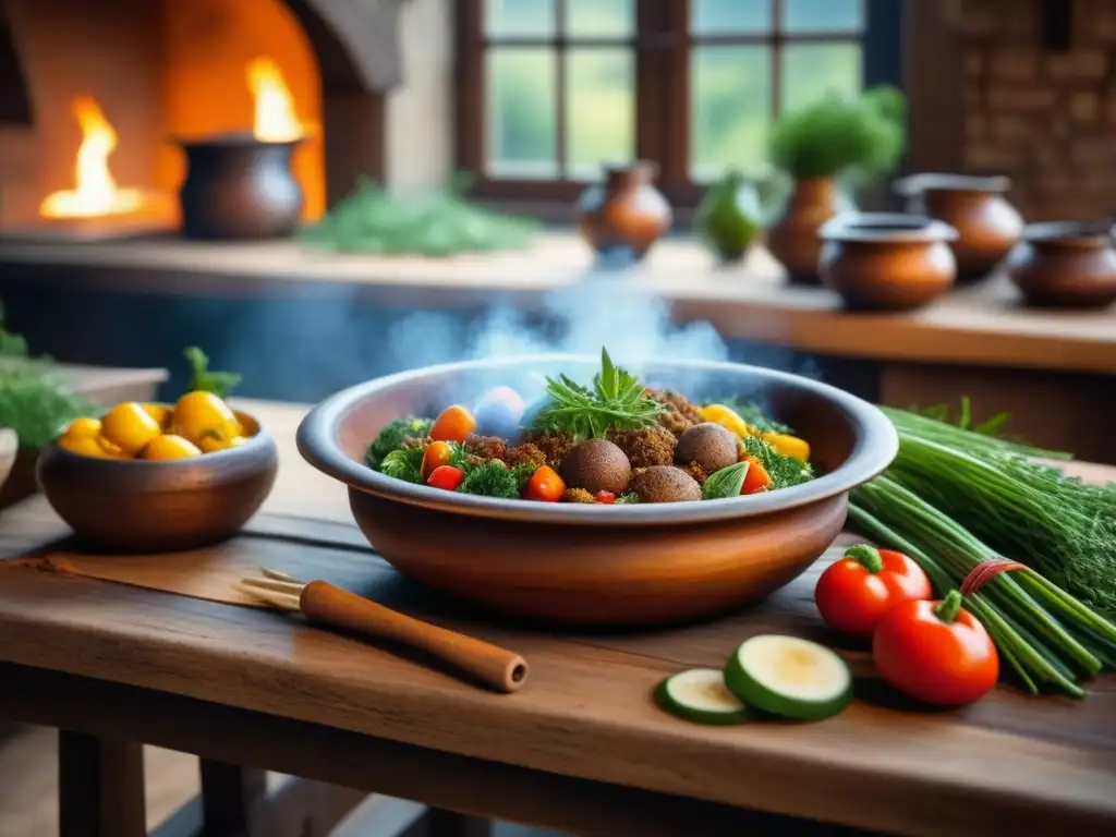 Una escena detallada de una cocina medieval, con ingredientes frescos y coloridos dispuestos en mesa de madera