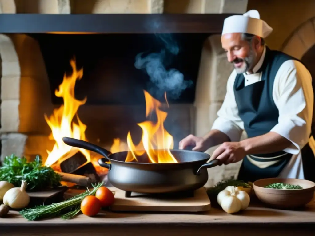 Una escena detallada de una cocina medieval con un chef preparando platos