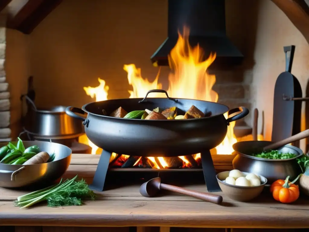 Una escena detallada de una cocina medieval con una caldera burbujeante sobre el fuego