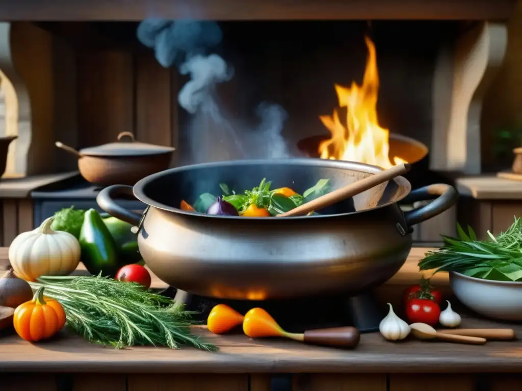 Una escena detallada de una cocina medieval con un caldero burbujeante sobre fuego, ingredientes y hierbas en una mesa de madera