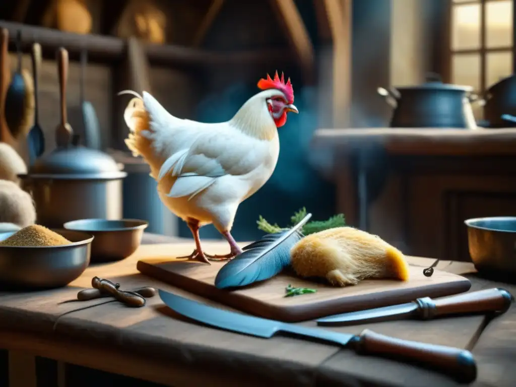 Escena detallada de cocina medieval con animales de granja preparándose para cocinar