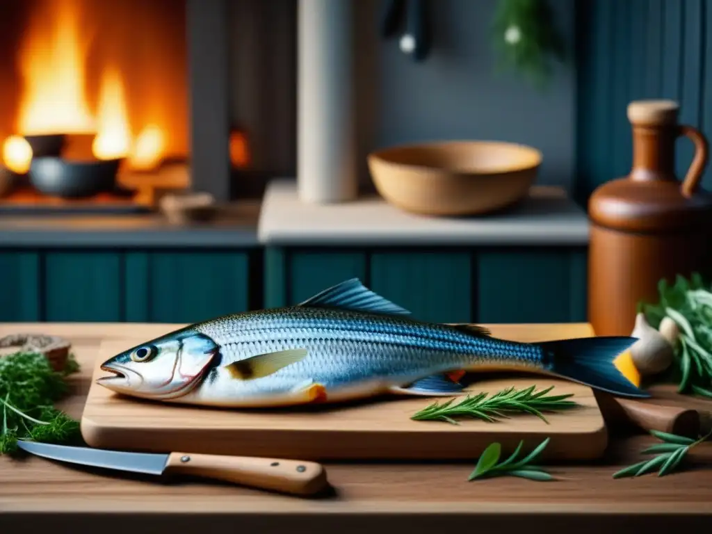 Escena detallada de cocina nórdica con pescado seco y utensilios rústicos