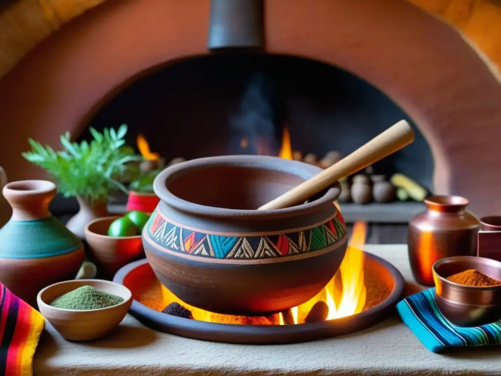Escena de cocina precolombina: aromas y colores ancestrales Escena detallada de cocina precolombina con utensilios de barro, hierbas y especias en molcajete artesanal