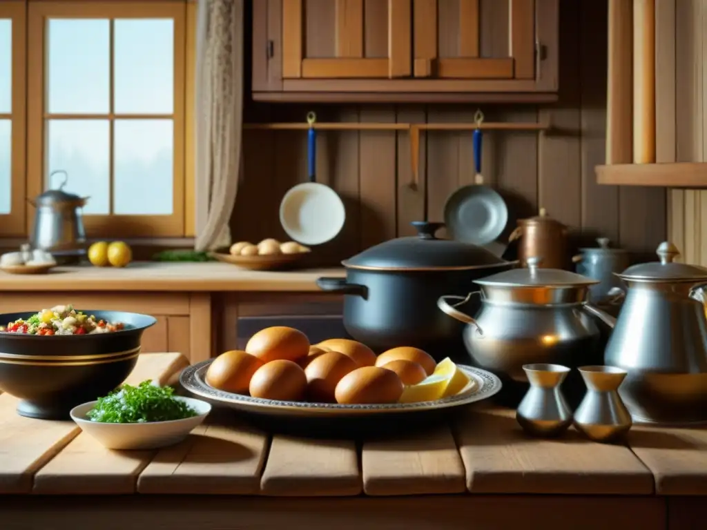 Una escena detallada de una cocina rusa de la era de los Zares, mostrando la fusión culinaria de las conquistas territoriales