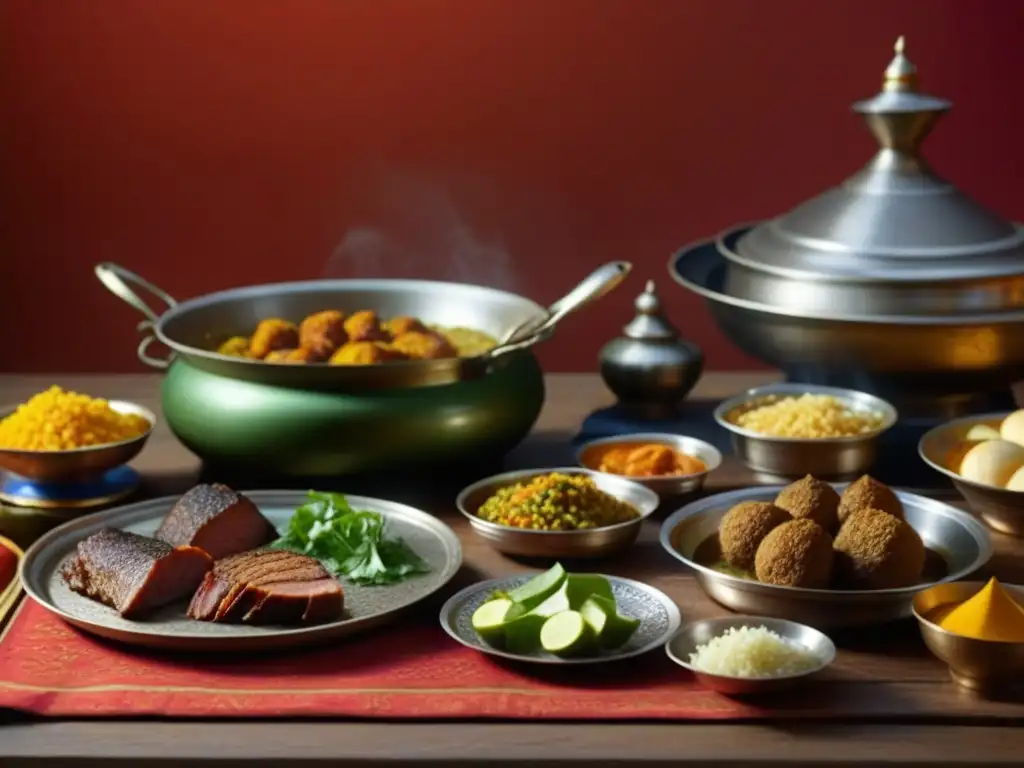 Una escena detallada de una cocina Mughal tradicional con recetas históricas de carne y caza Mughal