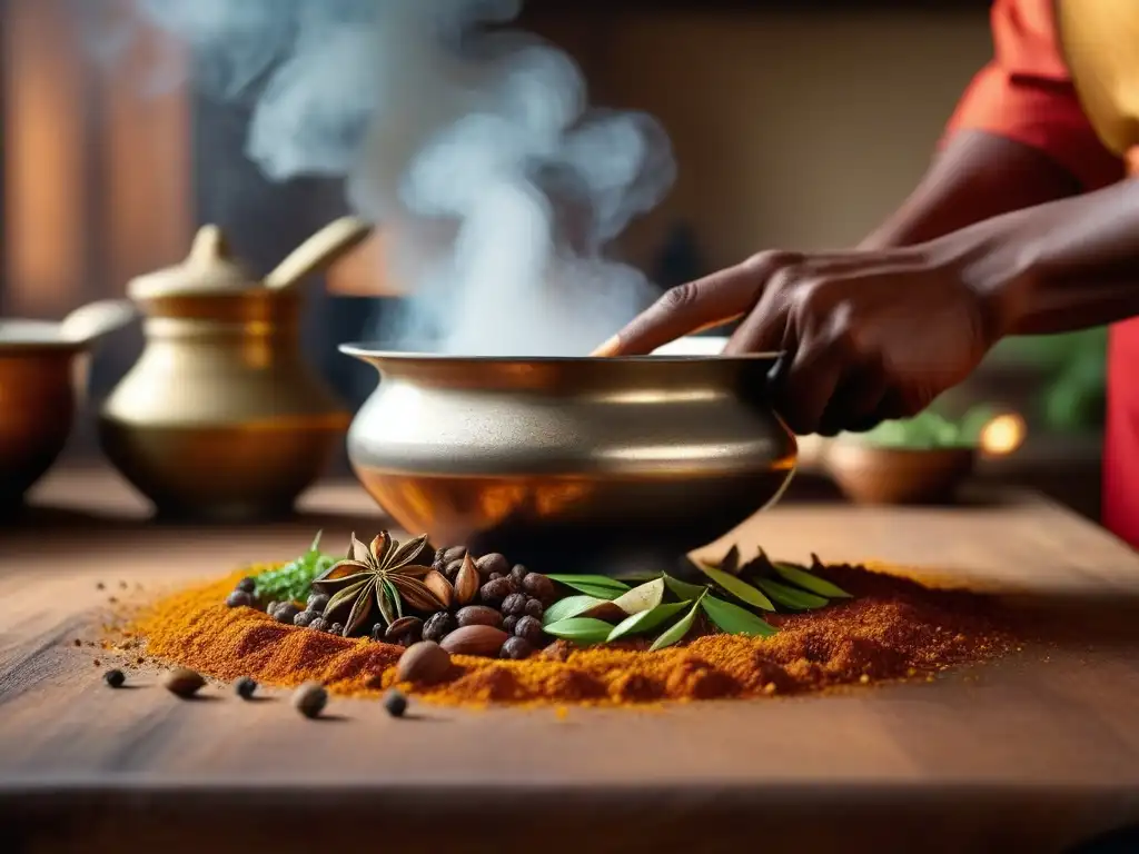 Escena detallada de cocina en Zanzíbar: mano espolvoreando cardamomo y clavo en un potente curry, evocando historia culinaria