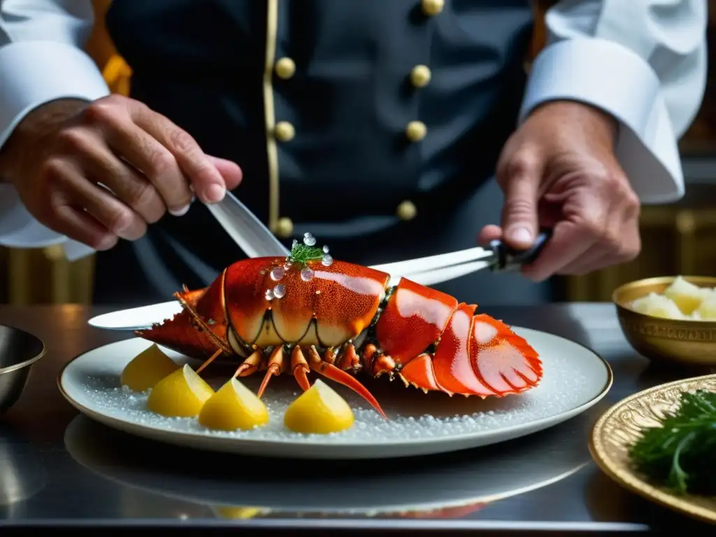 Una escena detallada de una cola de langosta preparada con técnicas culinarias barrocas francesas