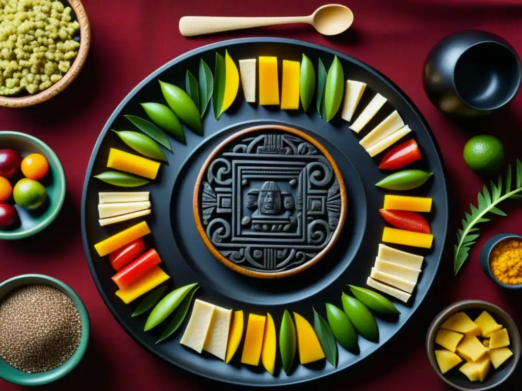 Una escena detallada de una comida ceremonial azteca en un plato de obsidiana, destacando la rica alimentación azteca y su significado