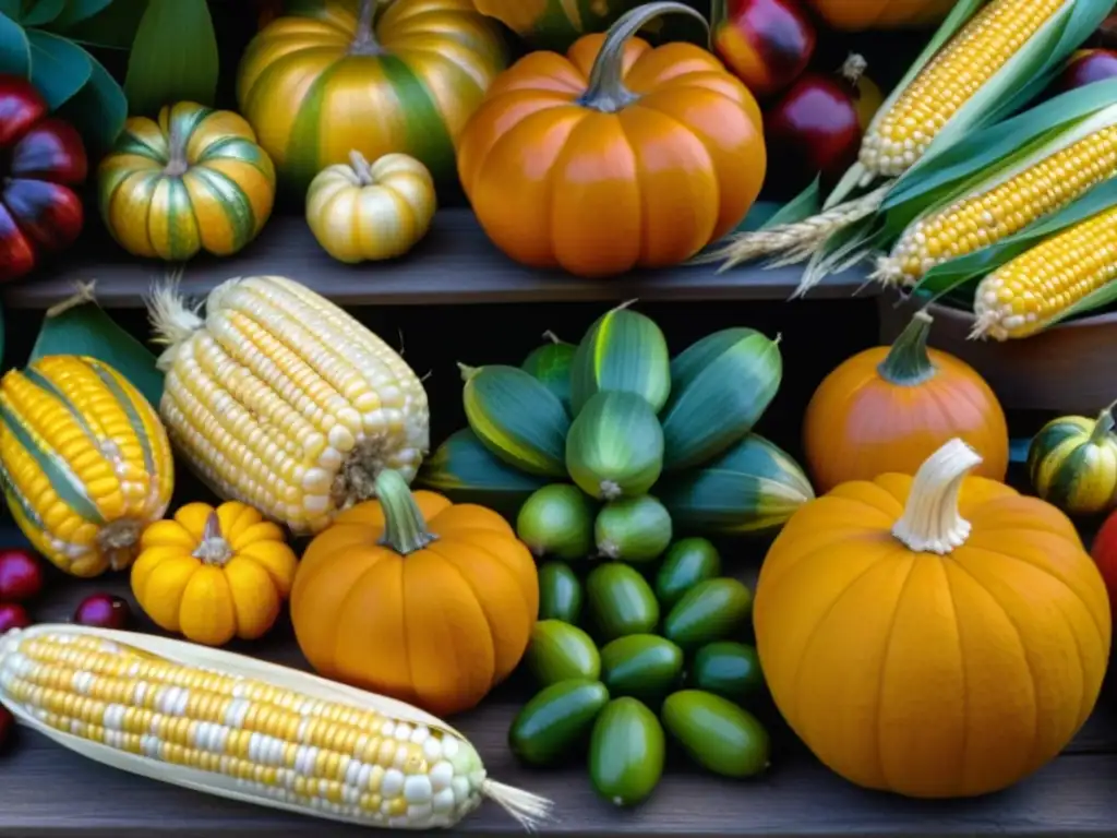 Escena detallada de la cosecha en América colonial, con maíz, calabazas y trigo en un mercado tradicional