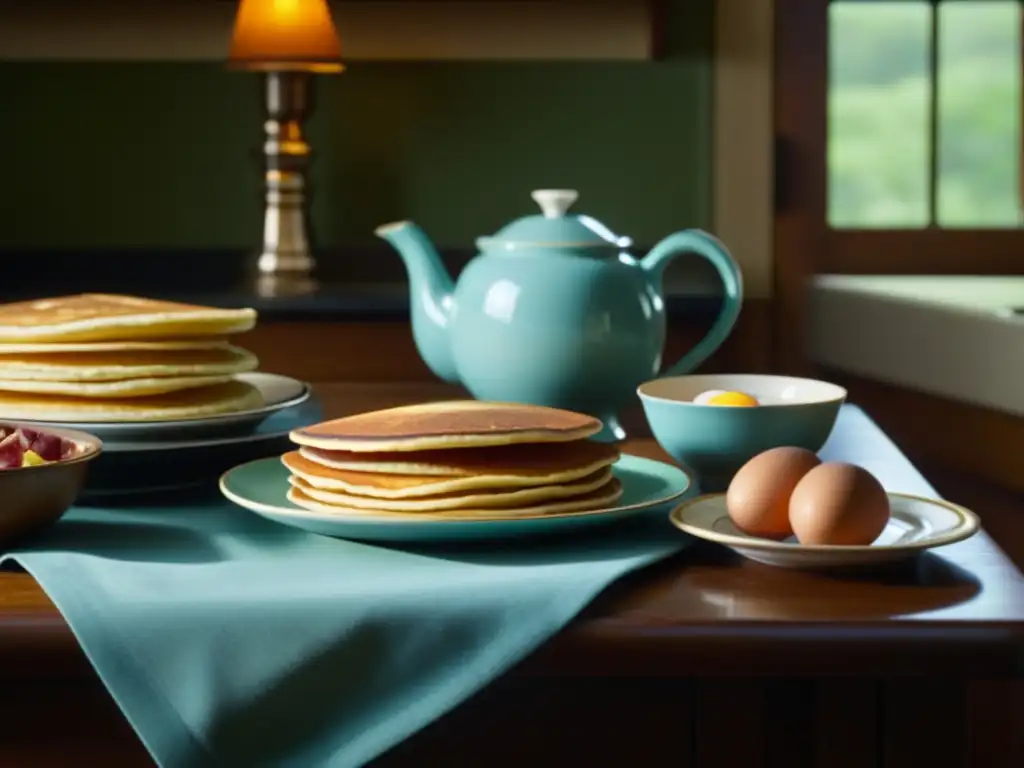 Escena detallada de desayuno siglo XIX cultura Americana con pancakes, tocino, huevos y pan recién horneado en una cocina vintage