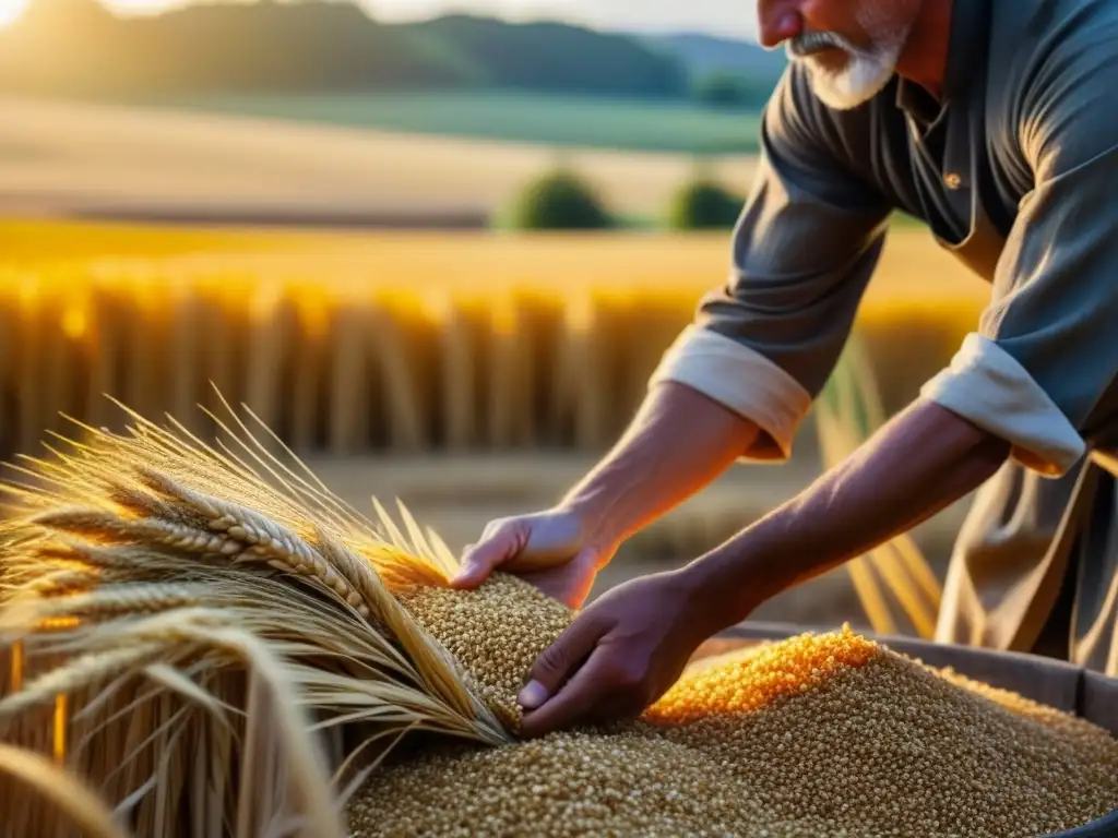 Una escena detallada de la recolección manual de granos antiguos en un entorno agrícola histórico