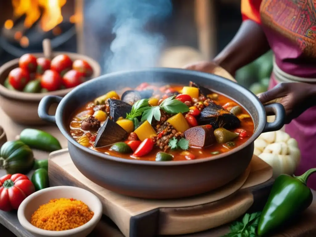 Delicioso guiso africano: colores y aromas en mercado vibrante Una escena detallada de un guiso tradicional de África Occidental cocinándose en una olla de barro sobre fuego de leña
