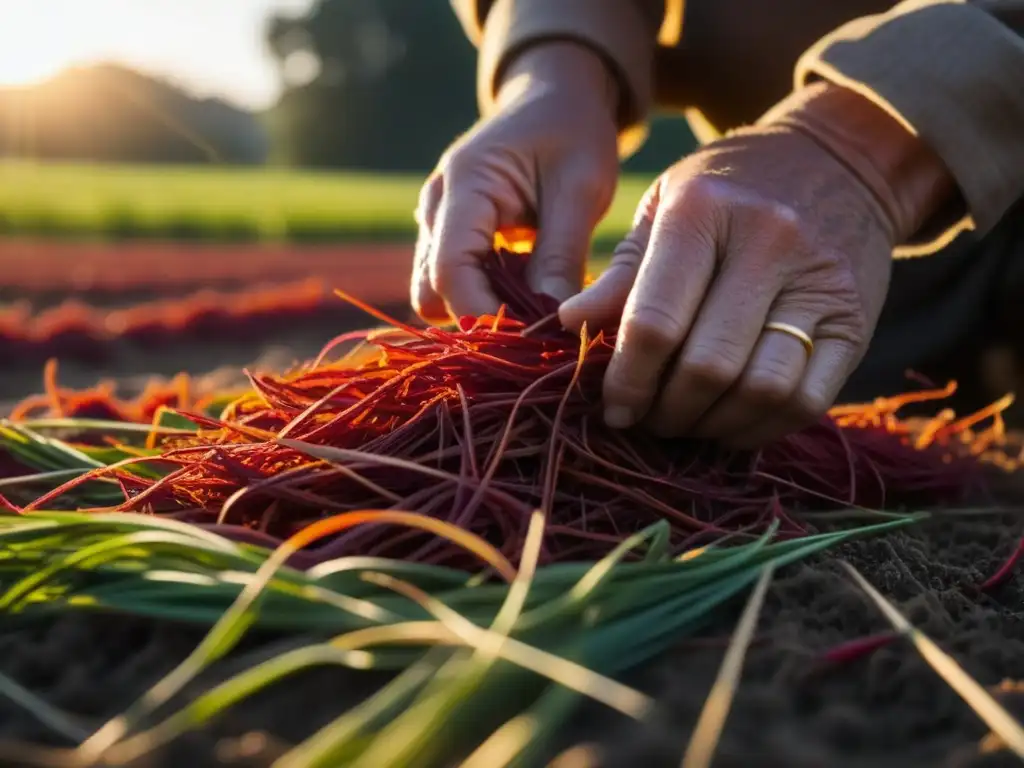 Una escena detallada de la recolección manual de hilos de azafrán rojo en un campo soleado, ilustrando la historia del cultivo de azafrán