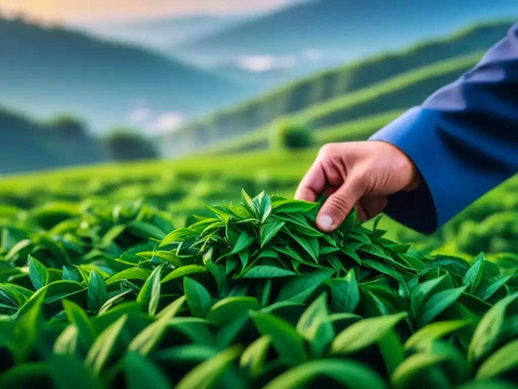 Escena detallada de recolección de hojas de té verde en plantación, reflejando la importancia cultural del té en el siglo XIX