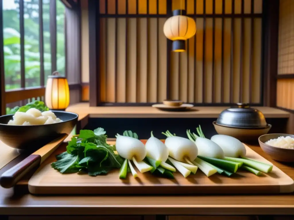 Escena detallada de cocina samurái japonesa con vegetales históricos en tablas de madera, bajo luz cálida de una linterna de papel