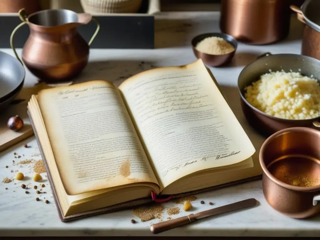 Una escena detallada muestra un libro de recetas antiguo en una cocina histórica, resaltando la importancia de las servidumbres en la cocina histórica