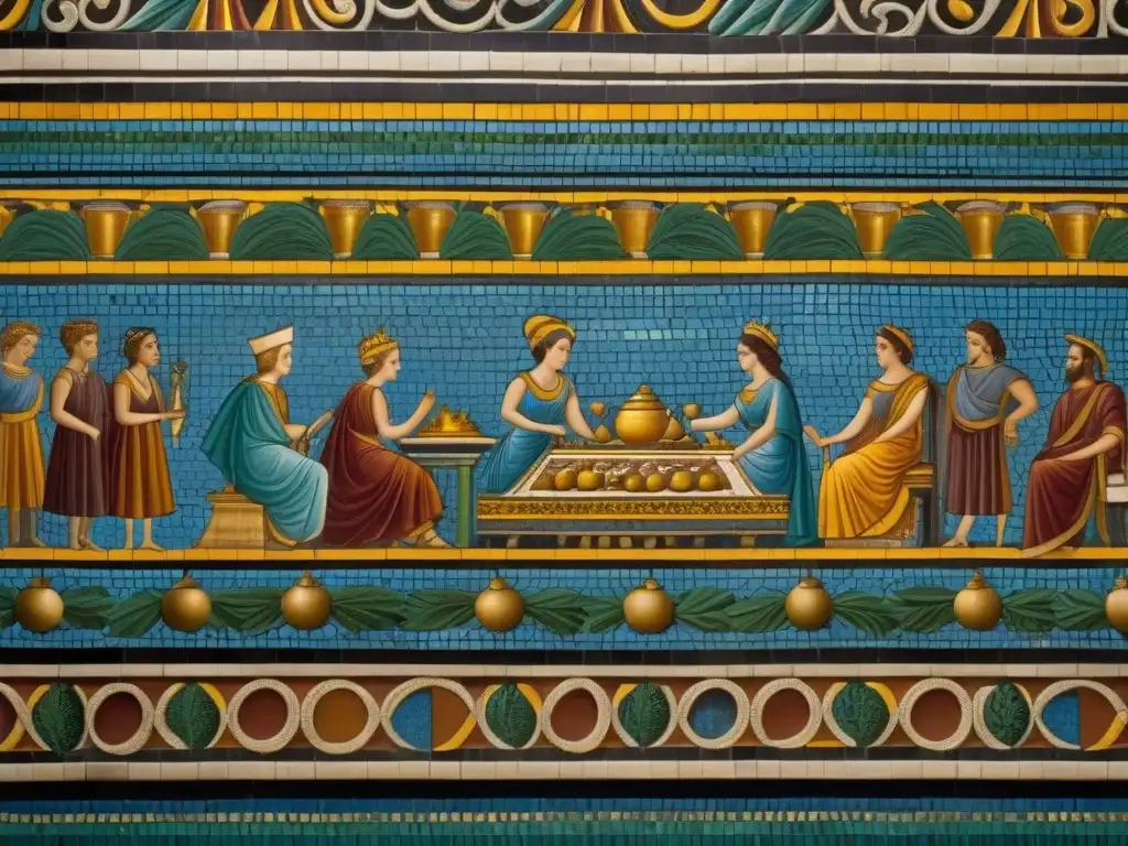 Escena detallada de un lujoso banquete romano en mosaico: recetas históricas culturas épocas banquetes