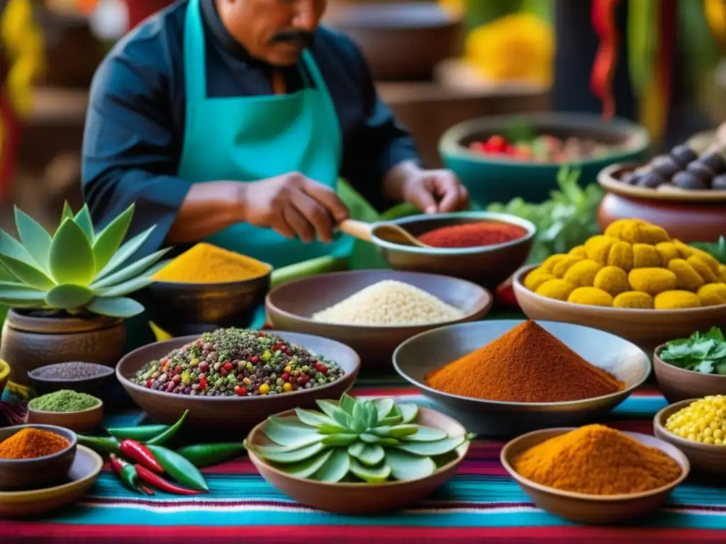 Escena detallada de un mercado azteca vibrante con especias y utensilios tradicionales, mientras un chef azteca prepara un guajolote