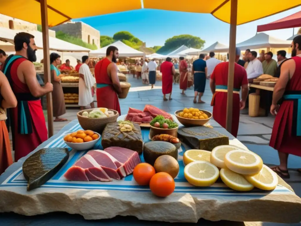 Escena detallada de mercado griego antiguo con alimentos y multitudes, mostrando la dieta sostenible en la Antigua Grecia