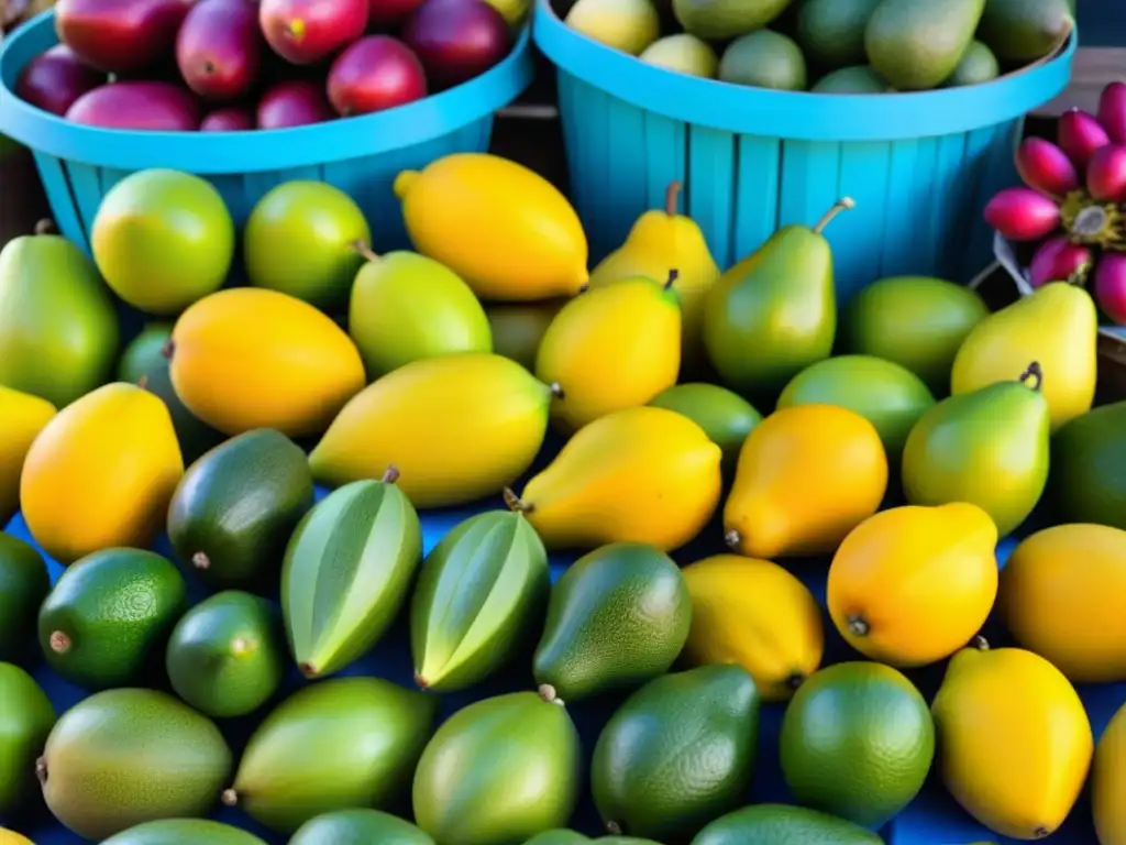 Escena detallada de mercado haitiano, reflejando la influencia gastronomía haitiana esclavitud africana en frutas tropicales vibrantes