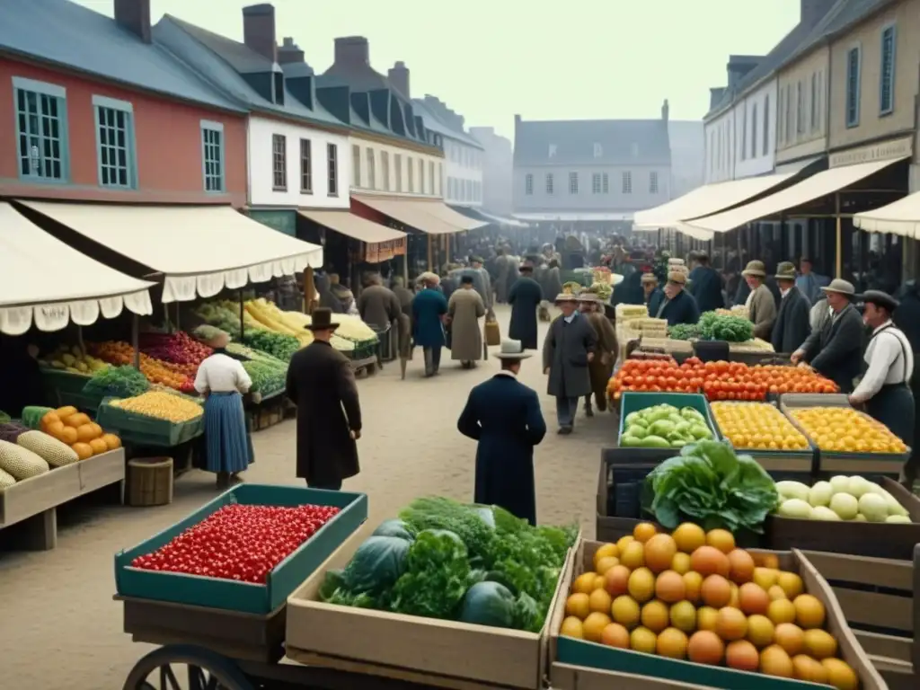 Escena detallada del mercado en la Revolución Industrial dietas europeas, con vendedores y compradores de frutas y verduras