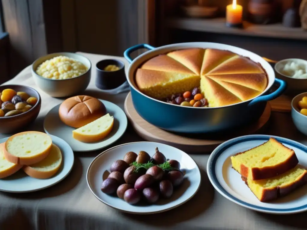 Escena detallada de mesa con alimentos coloniales, evocando la alimentación patriota en el periodo colonial