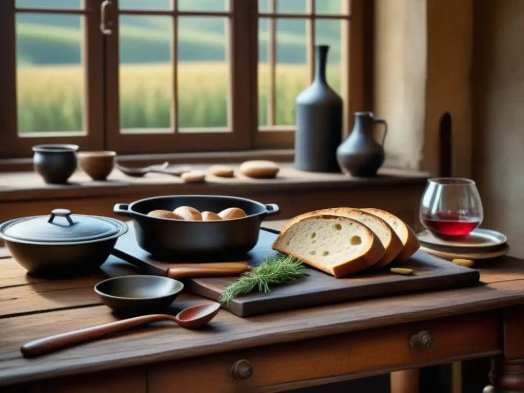 Una escena detallada de una mesa de cocina de la era colonial con utensilios antiguos y restos de comida, iluminada por el sol