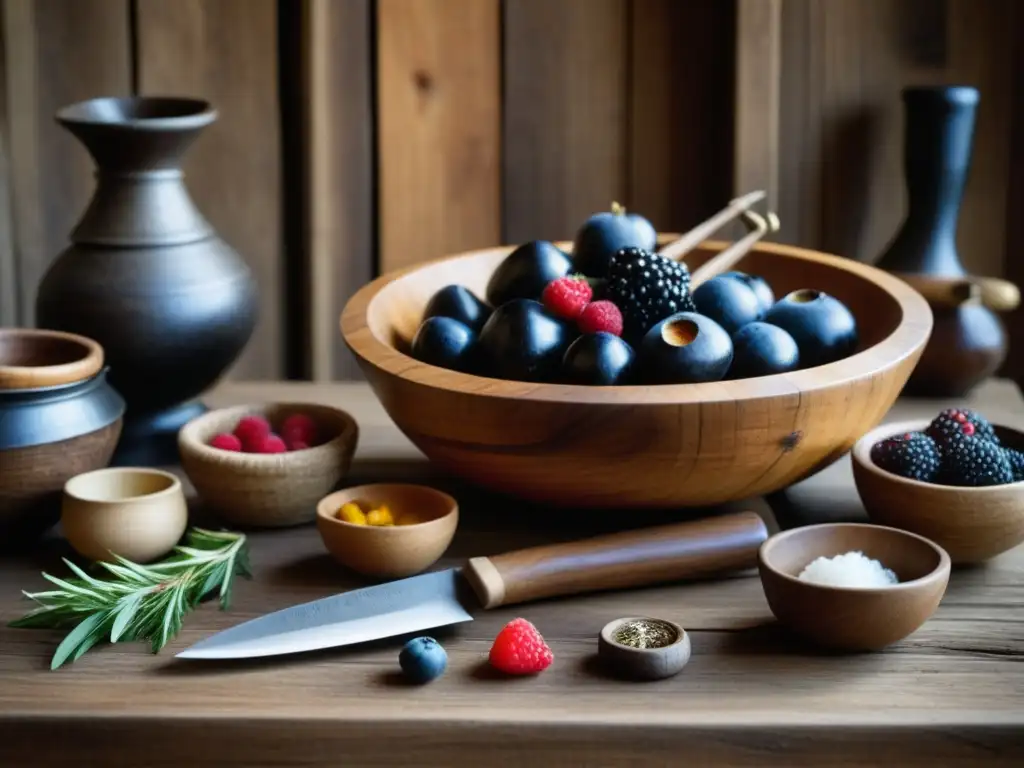 Una escena detallada de una mesa de madera rústica con herramientas e ingredientes culinarios vikingos