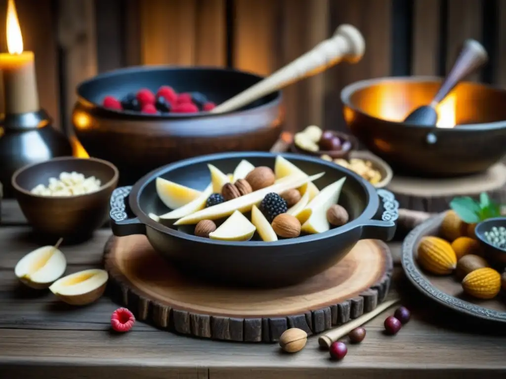 Una escena detallada de una mesa de madera rústica con herramientas e ingredientes vikingos antiguos