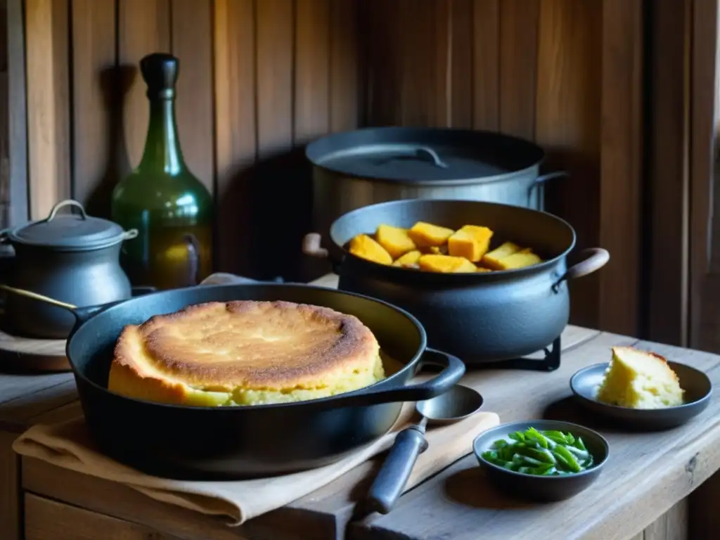 Vida pionera: Mesa rústica con alimentos del siglo XIX Escena detallada de una mesa rústica en cabaña iluminada, con comida de la Dieta pioneros siglo XIX