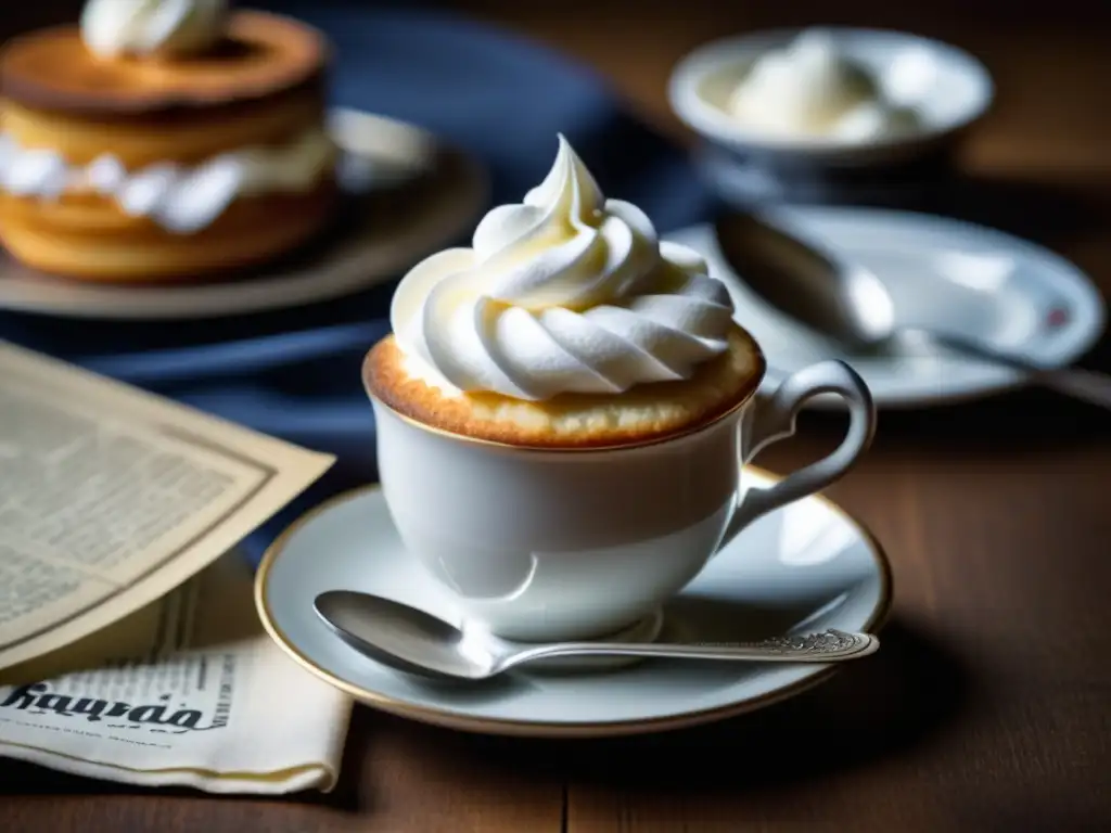 Una escena detallada de una mesa de café vienés tradicional, con taza de porcelana, café y legado cultural