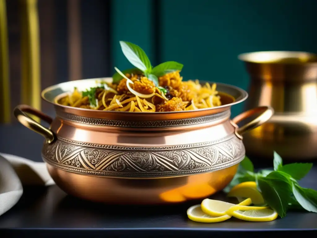 Una escena detallada de una olla de cobre Mughal llena de biryani, en una cocina tradicional india con utensilios de latón y luz natural cálida